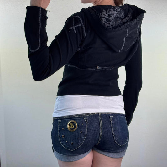 Y2K vintage cropped zip up hoodie filigree graphic print contrast stitch fitted