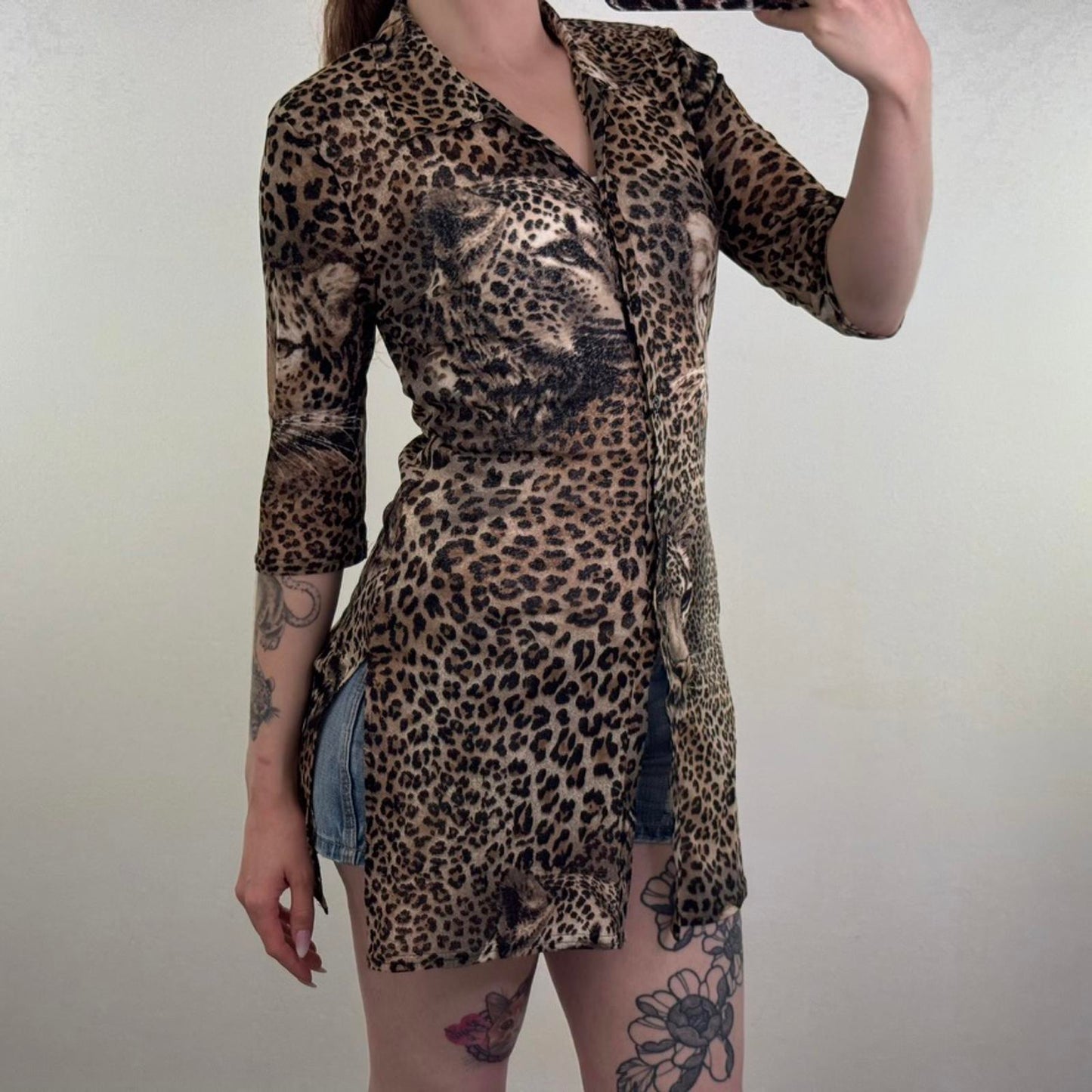 Y2K vintage mesh leopard print button up half sleeve cardigan long length v neck