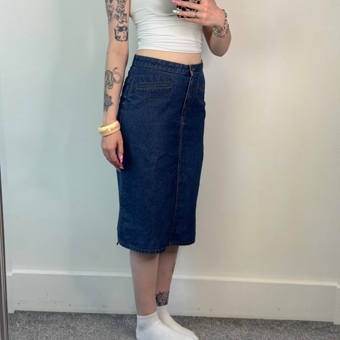 Y2K vintage denim midi skirt dark blue knee length mid rise side splits western