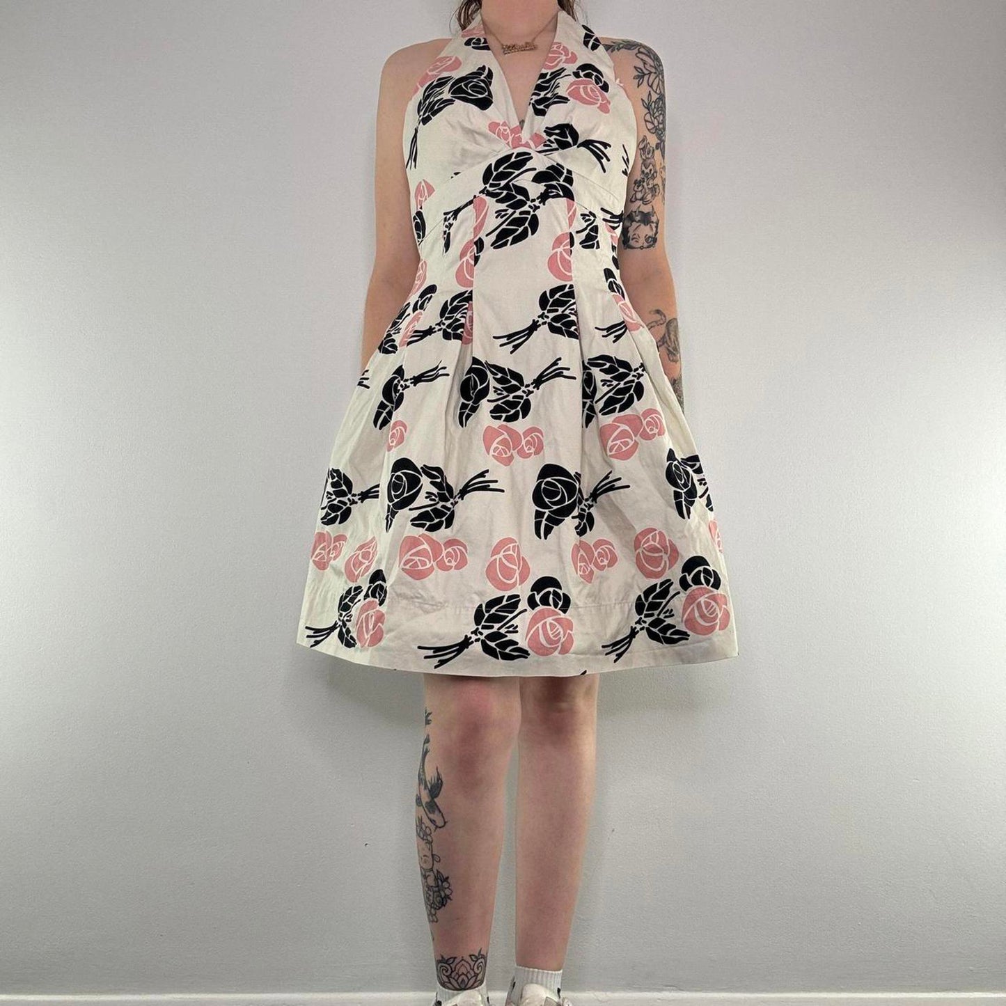 Y2K vintage gothic rose halter neck netted puffball midi dress floral v neck- 12
