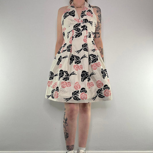 Y2K vintage gothic rose halter neck netted puffball midi dress floral v neck- 12