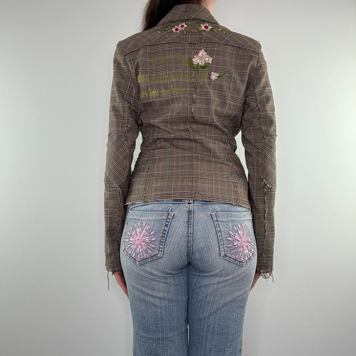 Y2K fitted tartan floral embroidered blazer