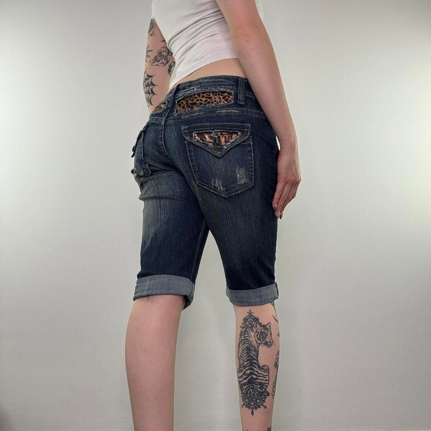 Y2K vintage low rise faded denim capri jeans stretchy satin leopard print
