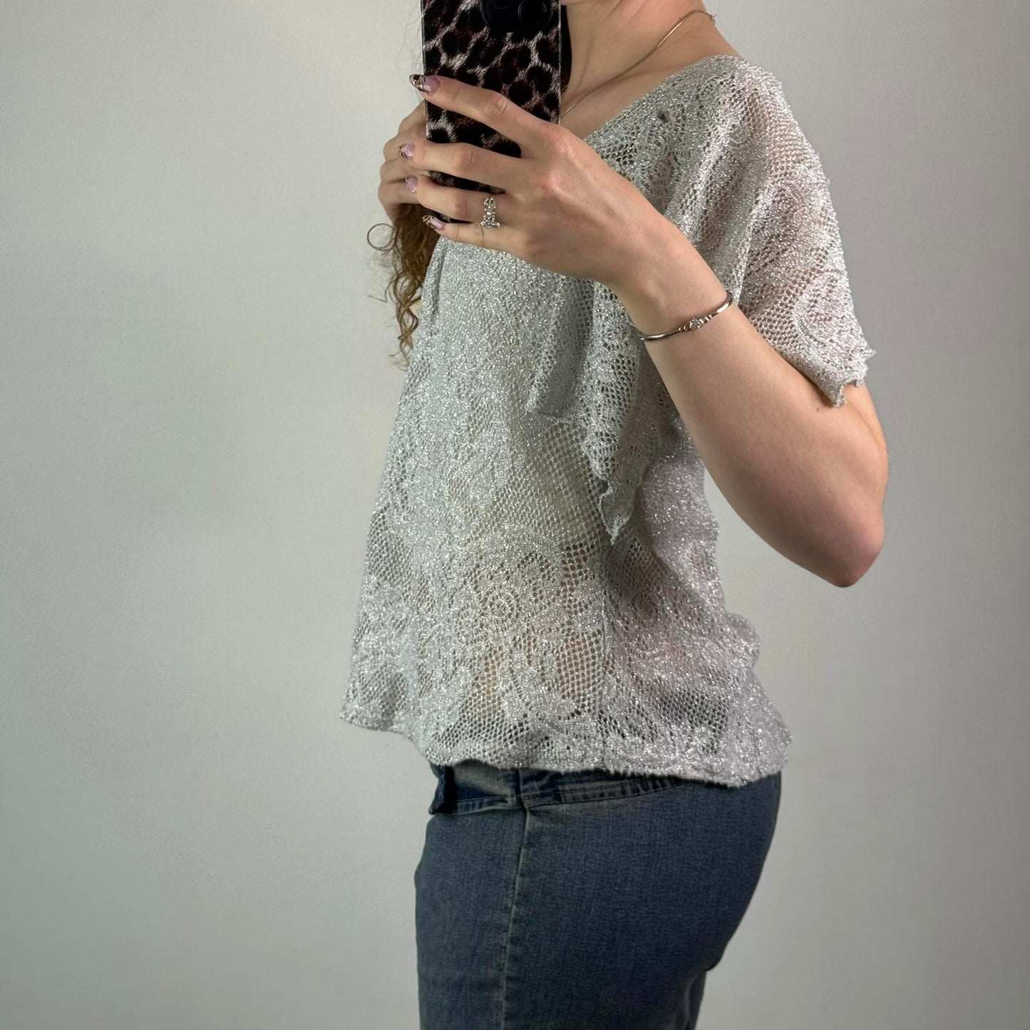 Y2K vintage sparkly knit top flare sleeve sheer low round neck silver frilly