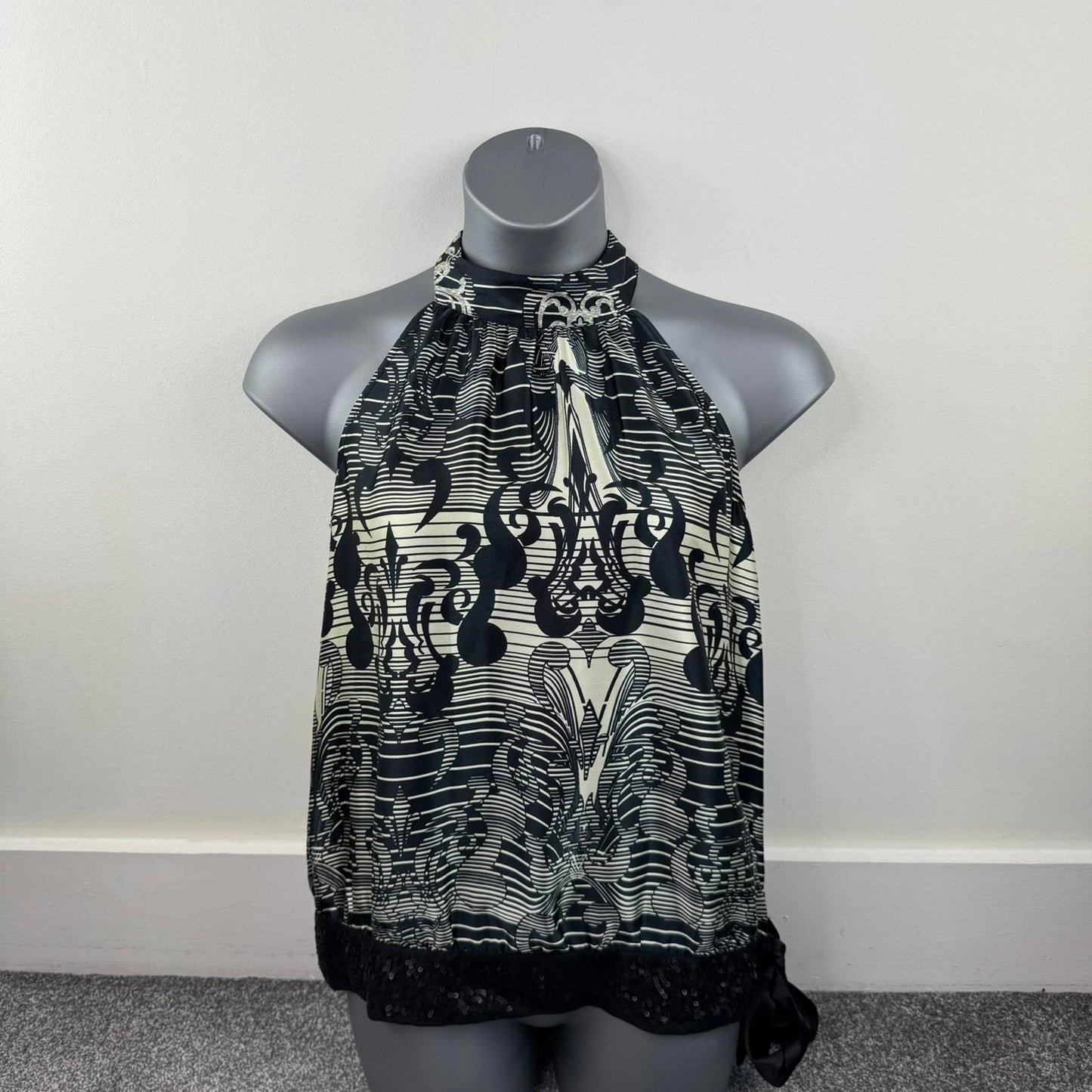 Y2K vintage high neck satin sleeveless top bow sequin filigree stripe pattern