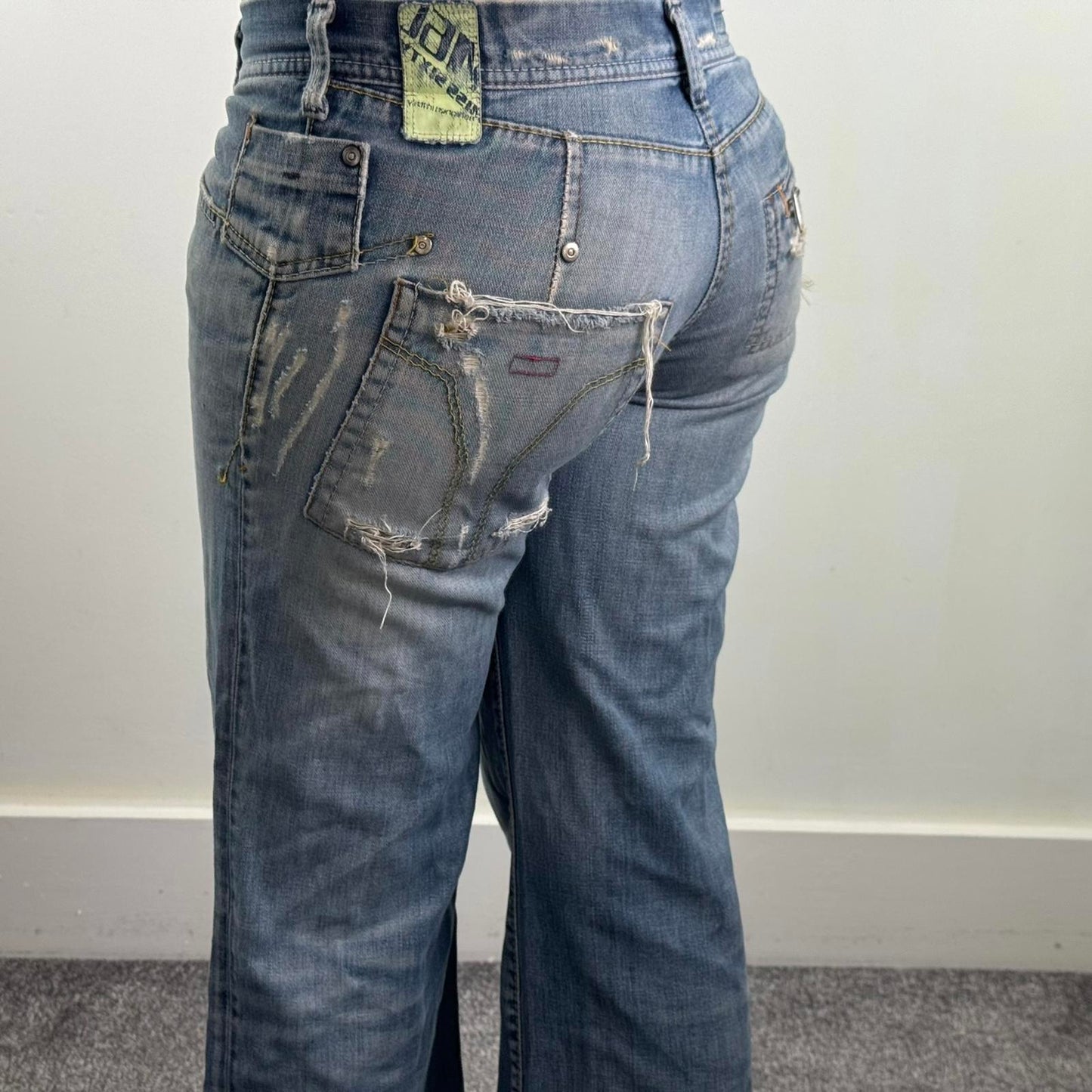 Y2K vintage Miss Sixty low rise jeans wide flare leg baggy distressed dirty wash