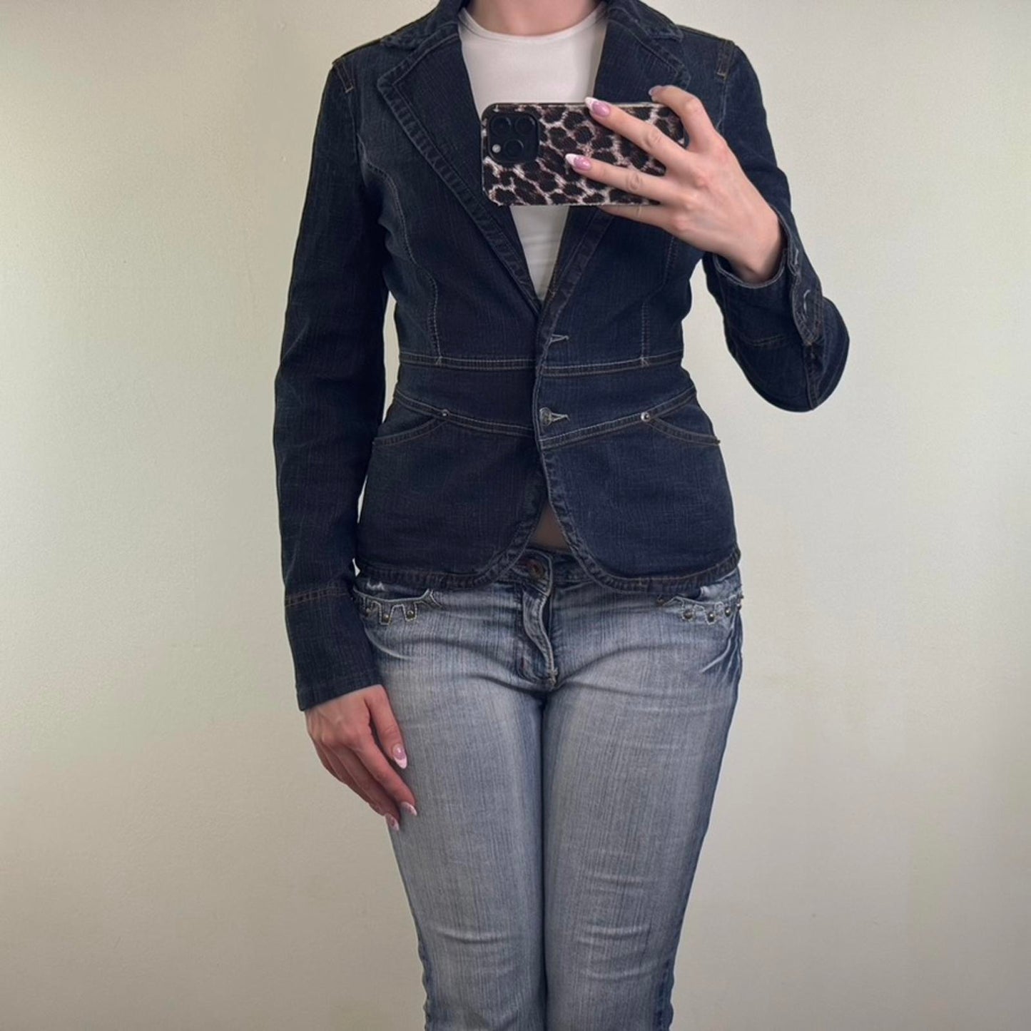 Y2K vintage fitted stretchy denim jacket button up faded wash buttons blazer