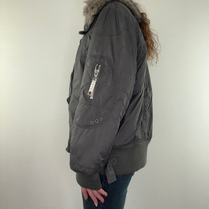 Y2K vintage short puffer jacket zip up faux fur