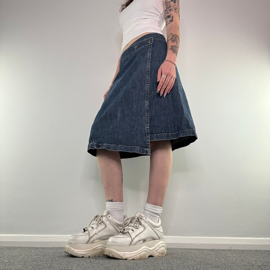 Y2K wrap around denim midi skirt