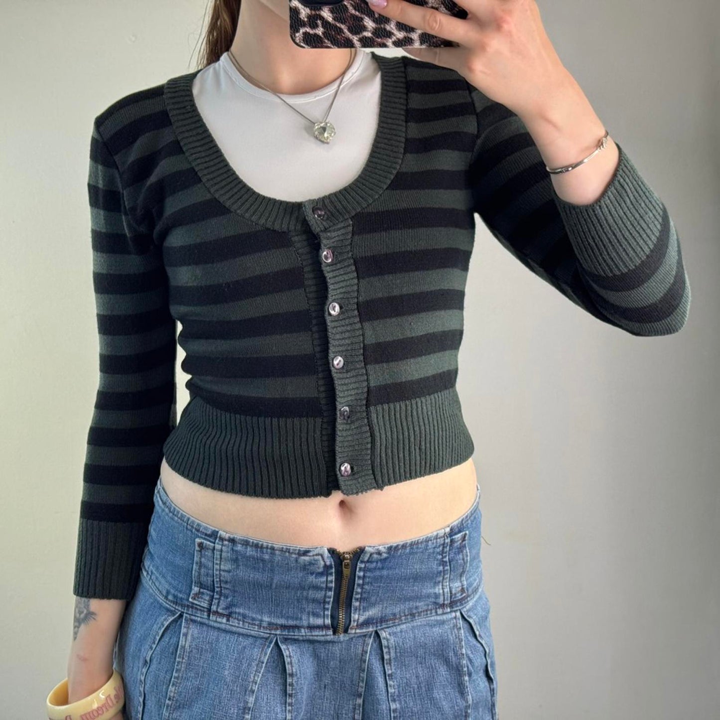 Y2K vintage cropped stripe knit cardigan button up round scoop neck 3/4 sleeve