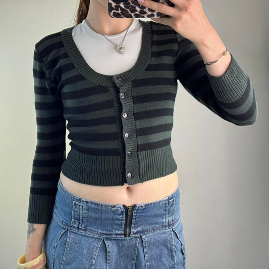 Y2K vintage cropped stripe knit cardigan button up round scoop neck 3/4 sleeve
