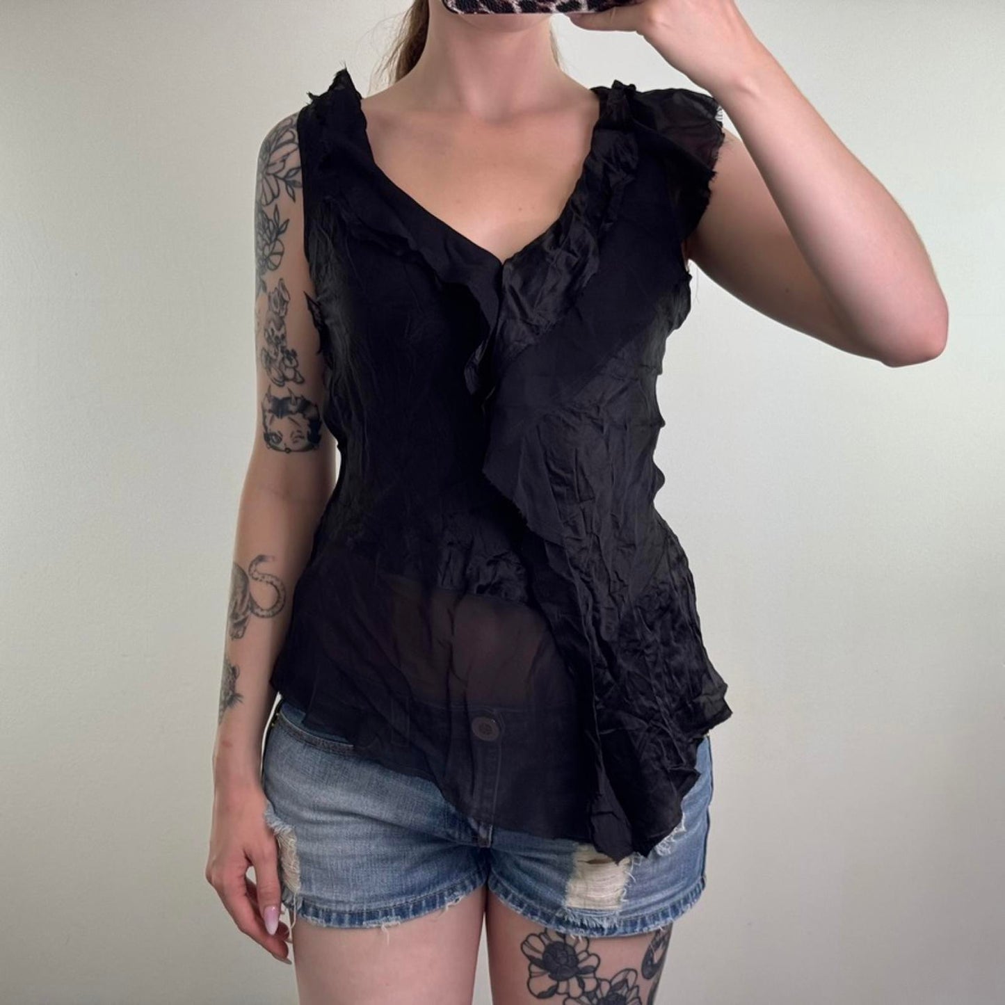 Y2K vintage 100% silk asymmetrical blouse top ruffle tiered v neck cap sleeve
