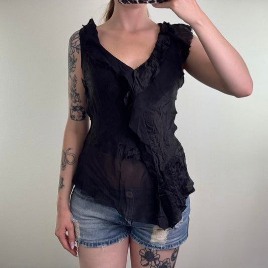 Y2K vintage 100% silk asymmetrical blouse top ruffle tiered v neck cap sleeve