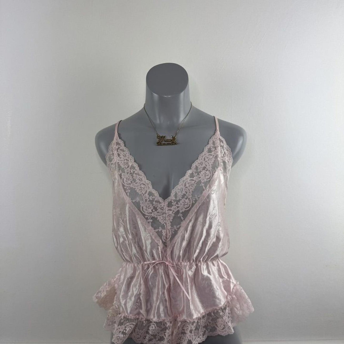 Vintage coquette satin lace trim lingerie top v neck frill strappy bow
