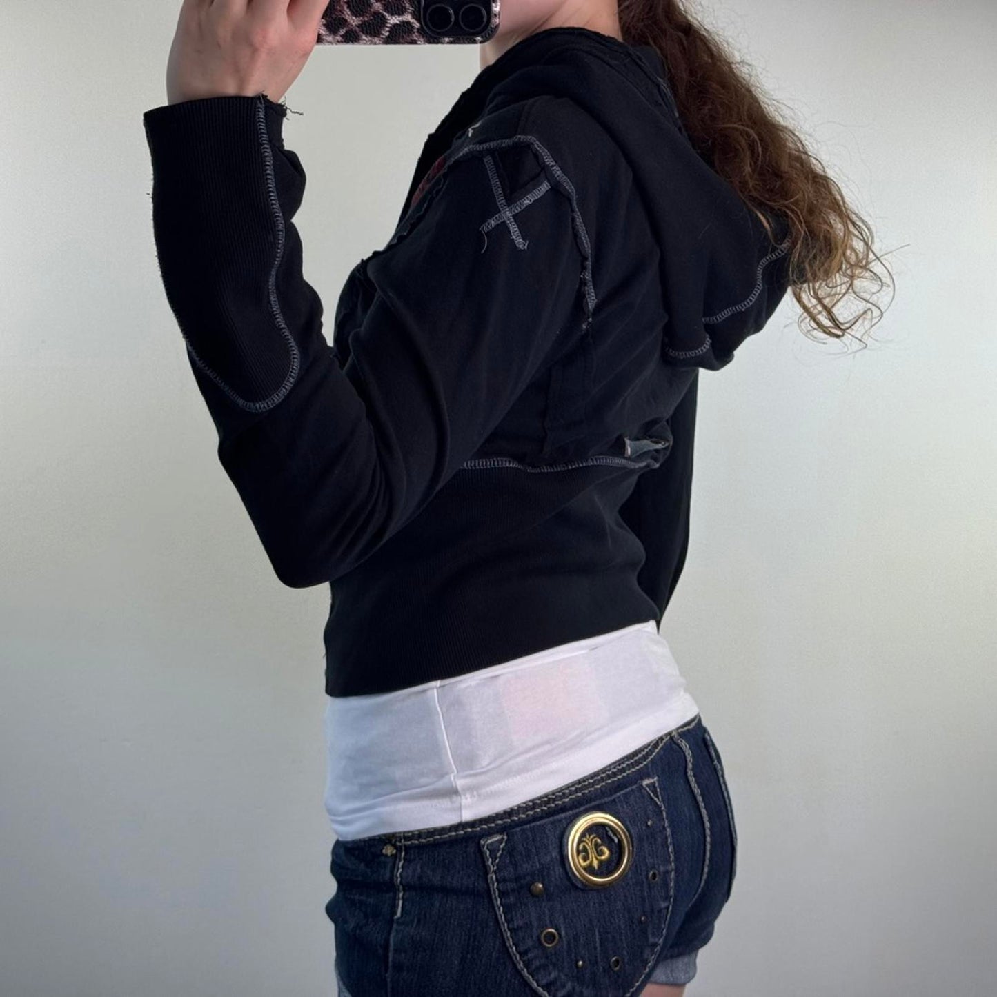 Y2K vintage cropped zip up hoodie filigree graphic print contrast stitch fitted