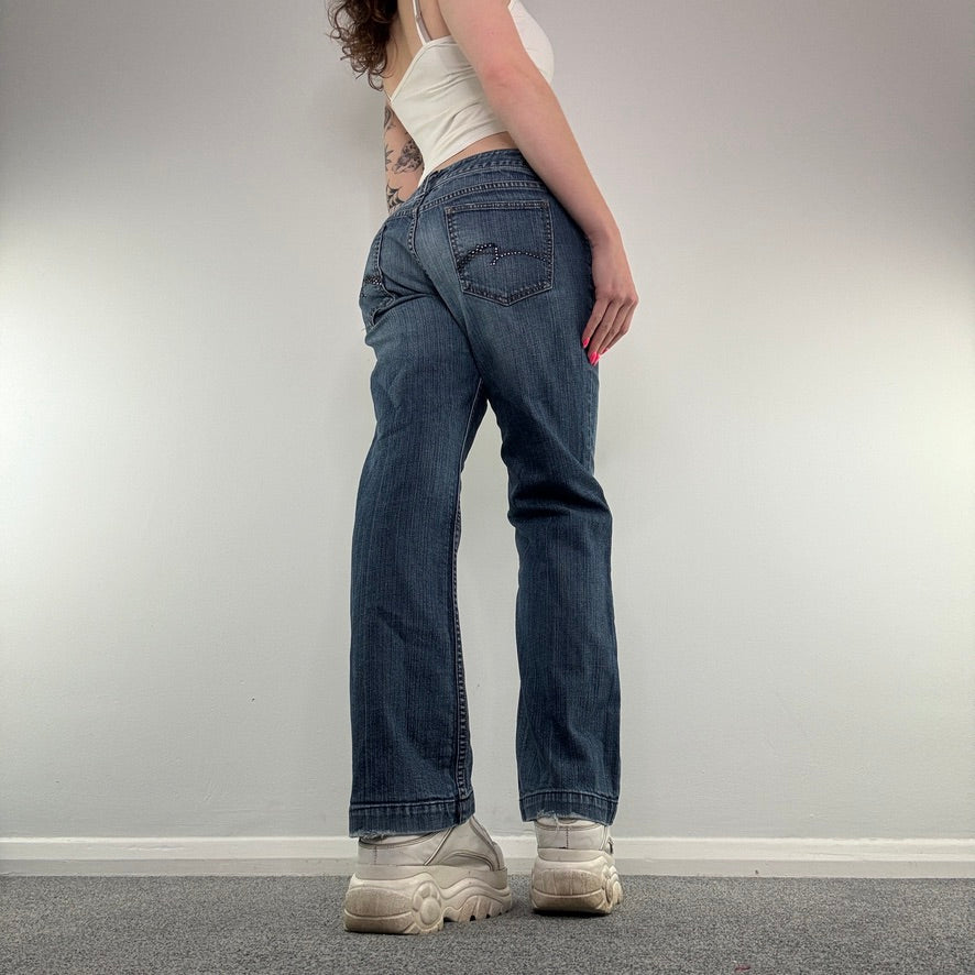 Y2K low rise rhinestone bootcut faded denim jeans