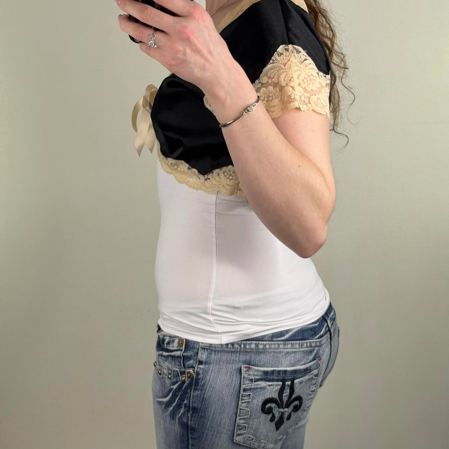 Y2K vintage cardigan lace trim short sleeve cropped bow satin black cream