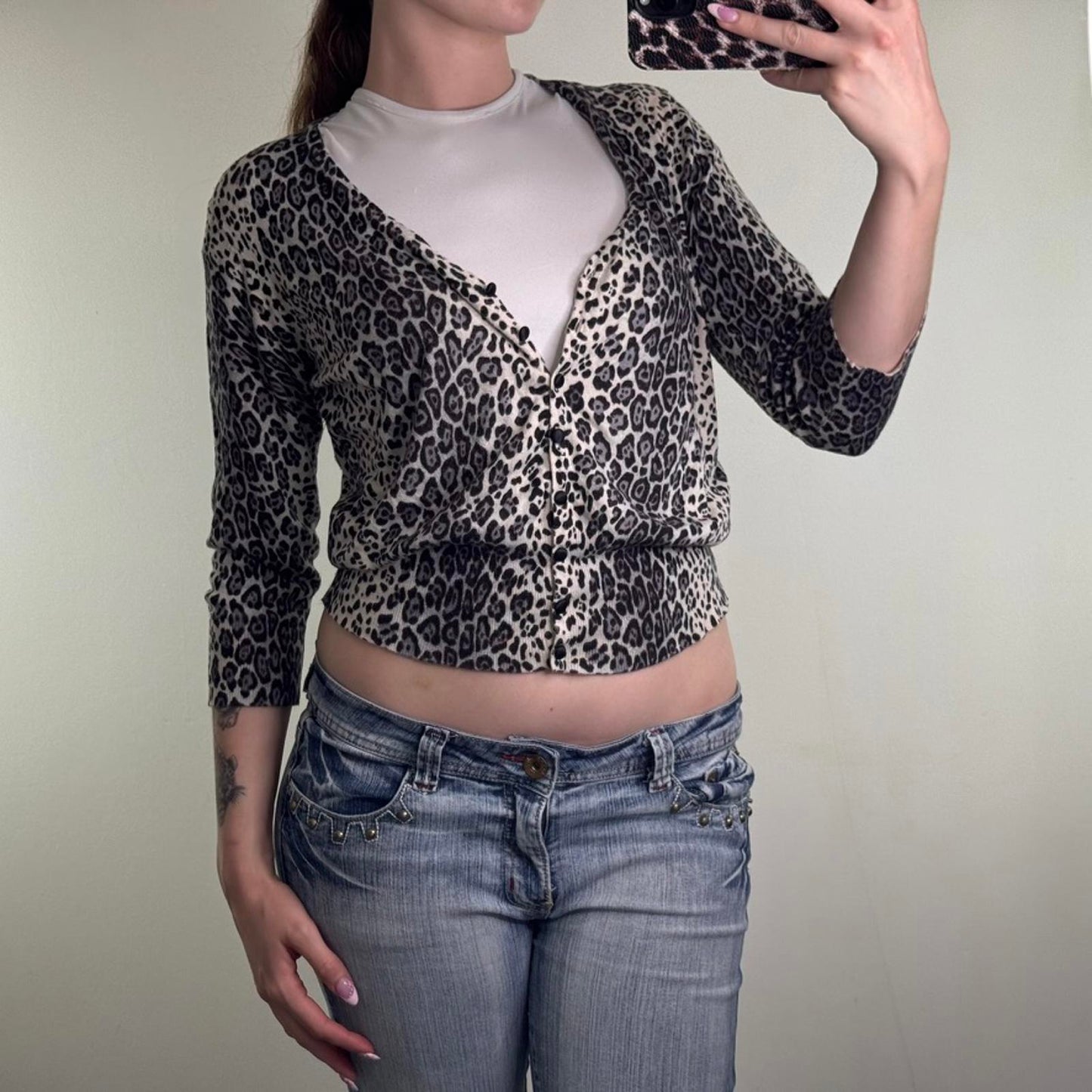 Y2K vintage leopard print fine knit button up cardigan grey black