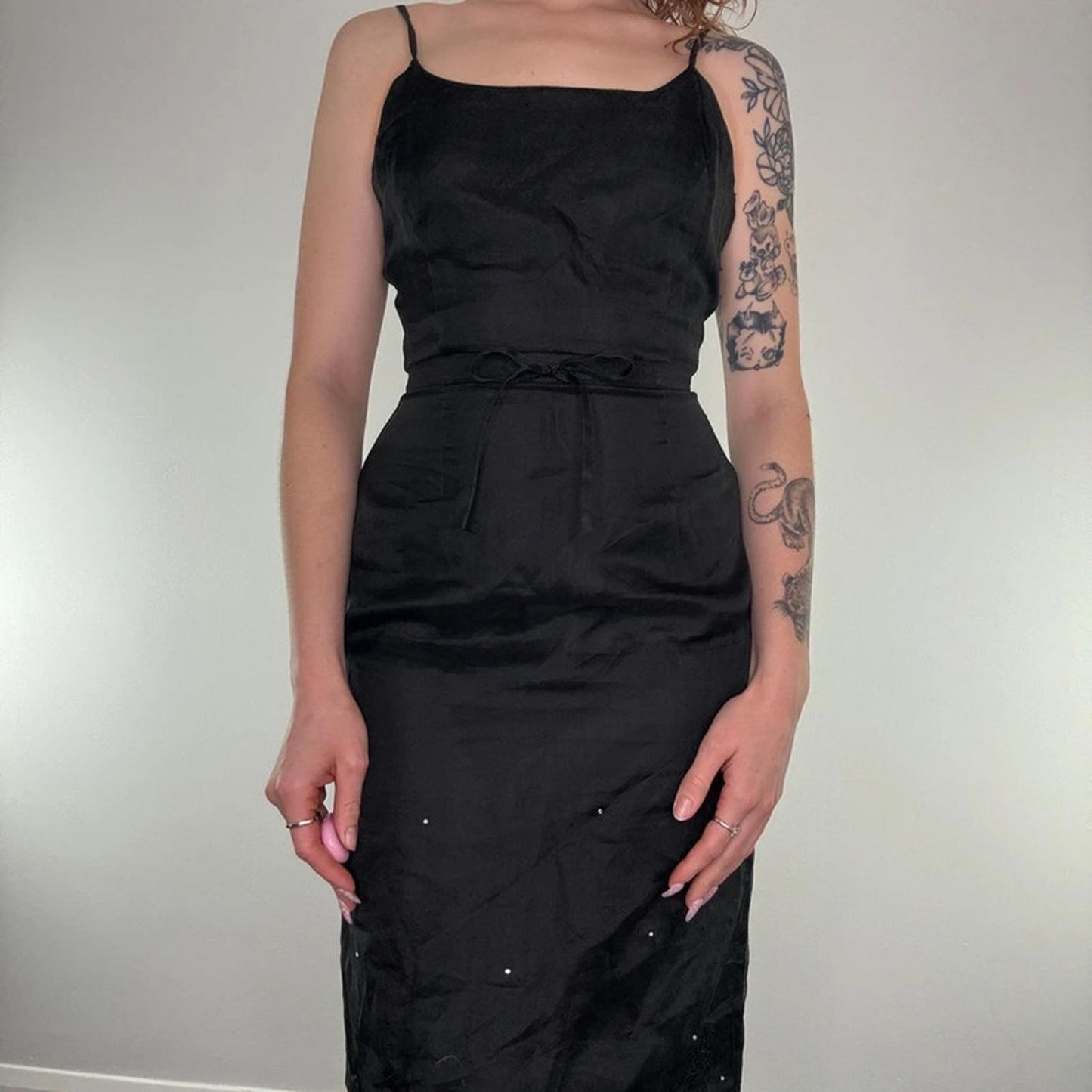 Y2K vintage 100% silk midi dress a line rhinestone floral embroidery bow