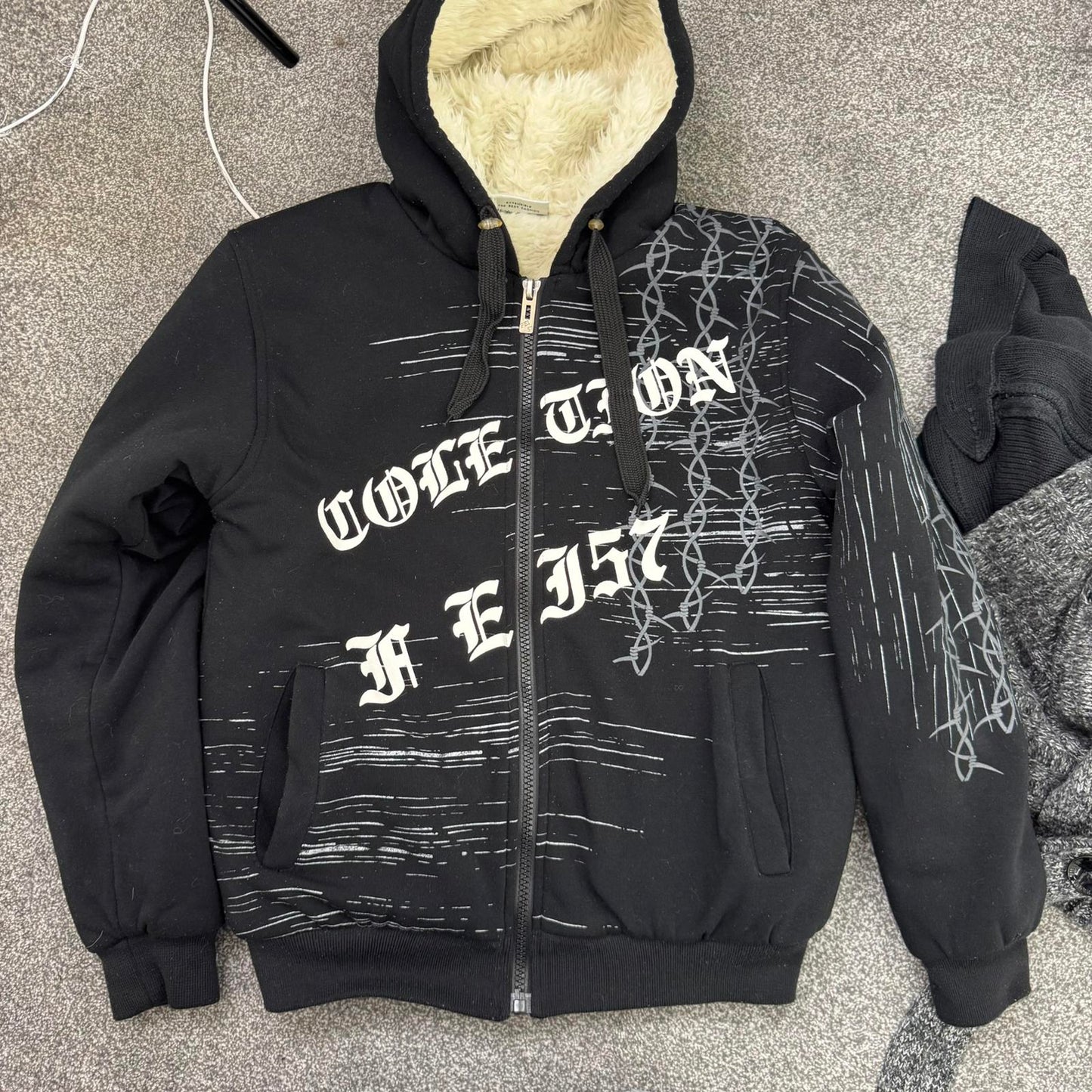 90s Y2K vintage faux fur lined zip up thick hoodie tribal text oversized chunky