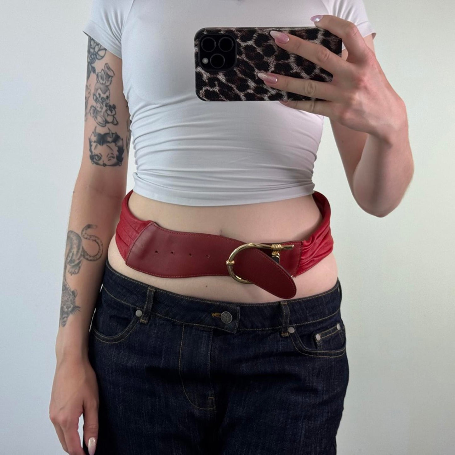 90s Vintage genuine leather chunky red gold belt oversized chunky