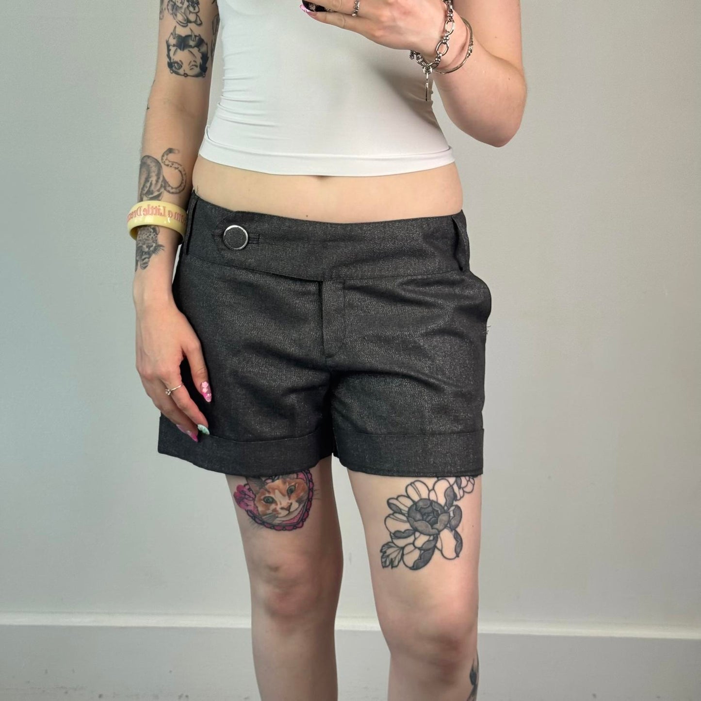 Y2K vintage sparkly glitter mid rise chino mini shorts with big button belt loop