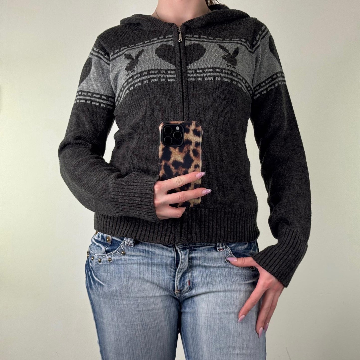 Y2K vintage rare Playboy hoodie wool blend zip up knitted knit pattern