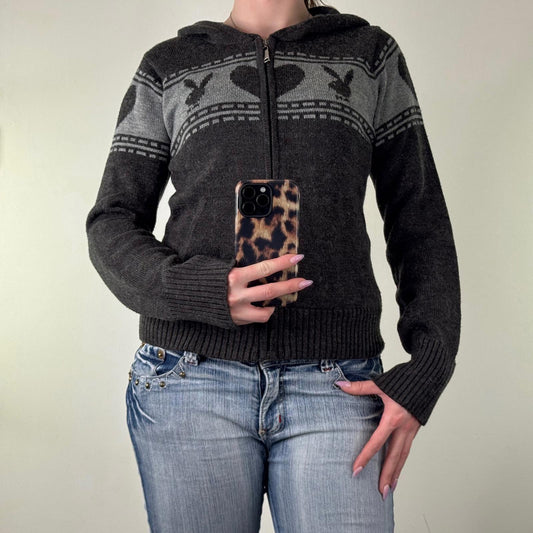 Y2K vintage rare Playboy hoodie wool blend zip up knitted knit pattern
