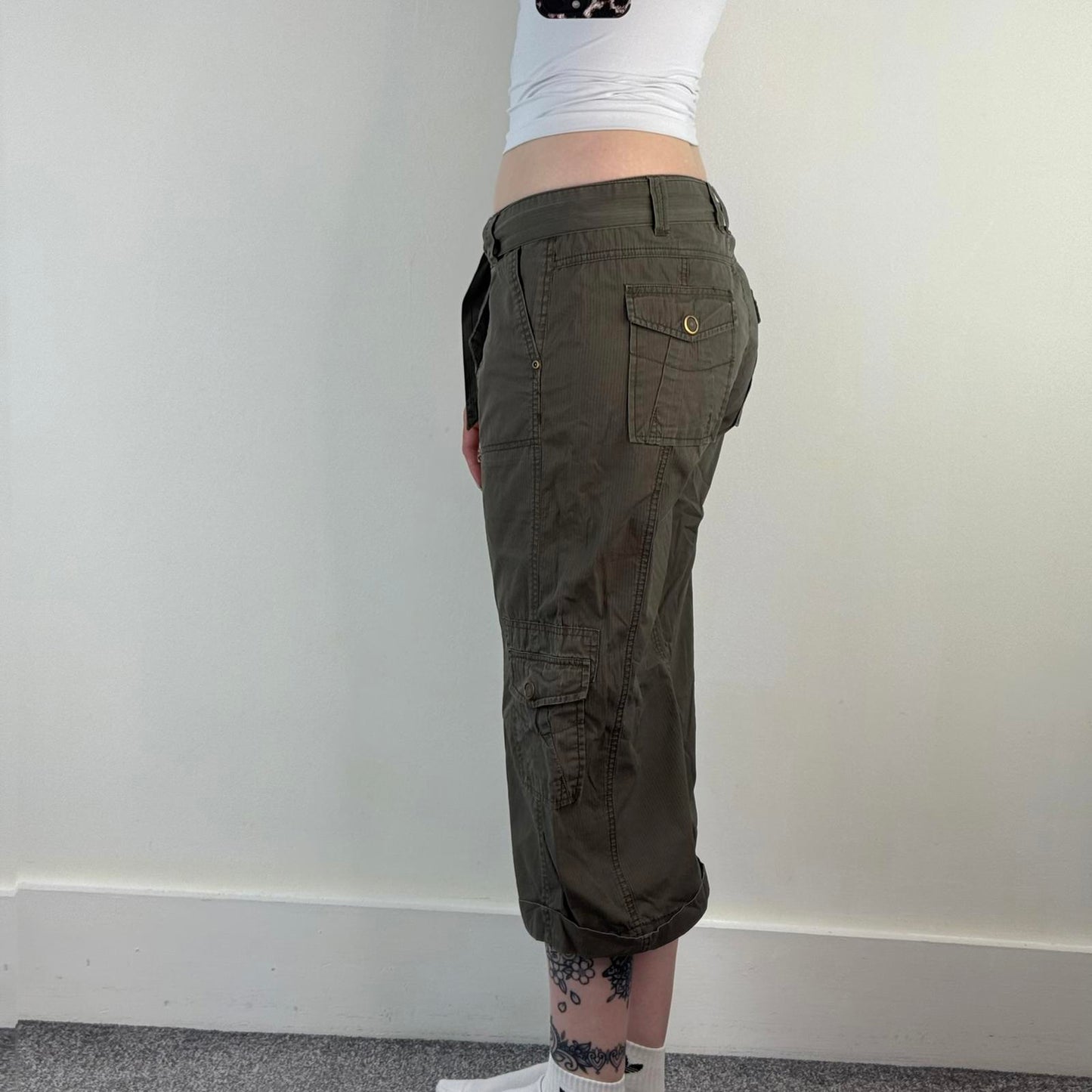 Y2K vintage mid rise stripe cropped capri cargo trousers tie bow belt pockets