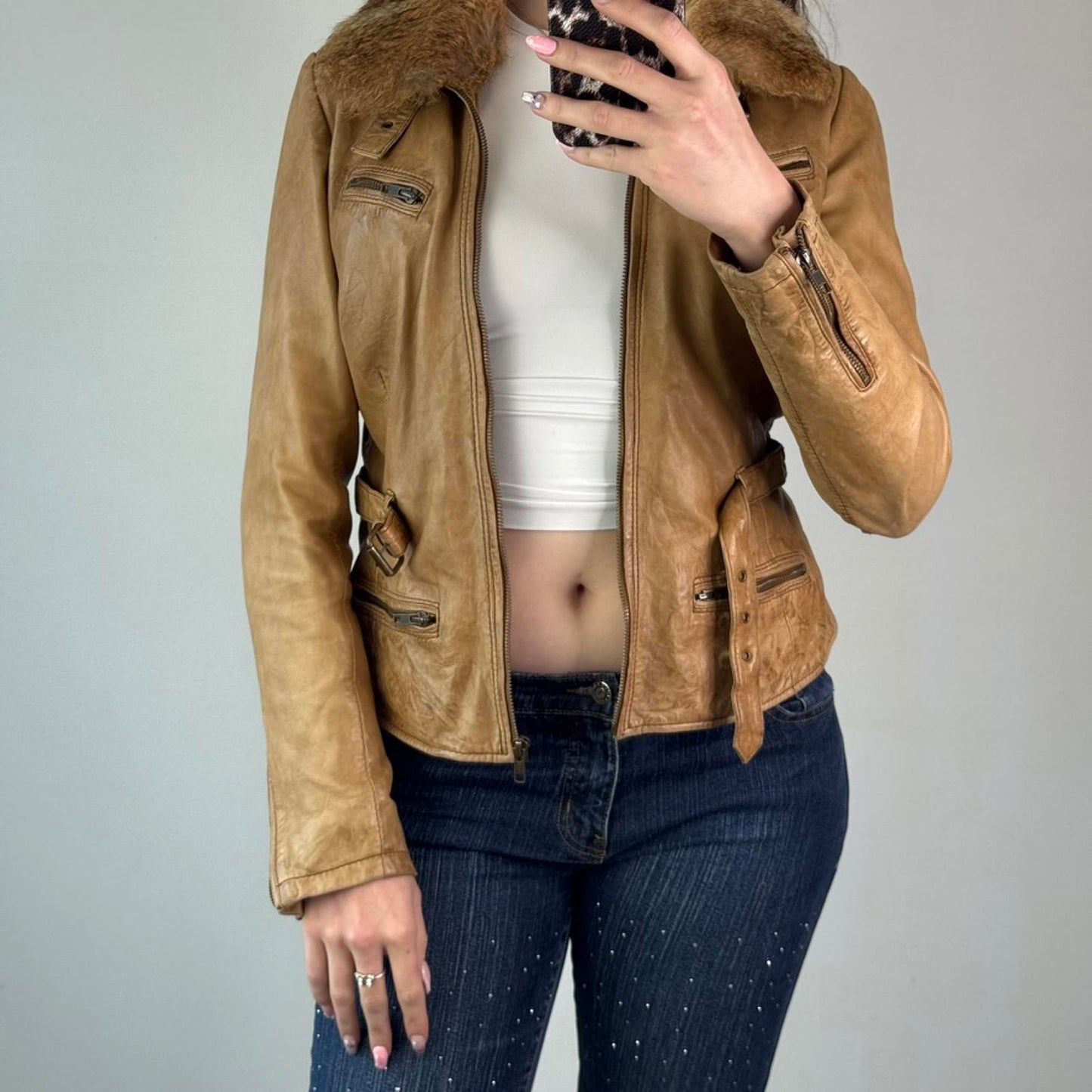 Y2K vintage genuine leather real fur trim collar zip up fitted jacket