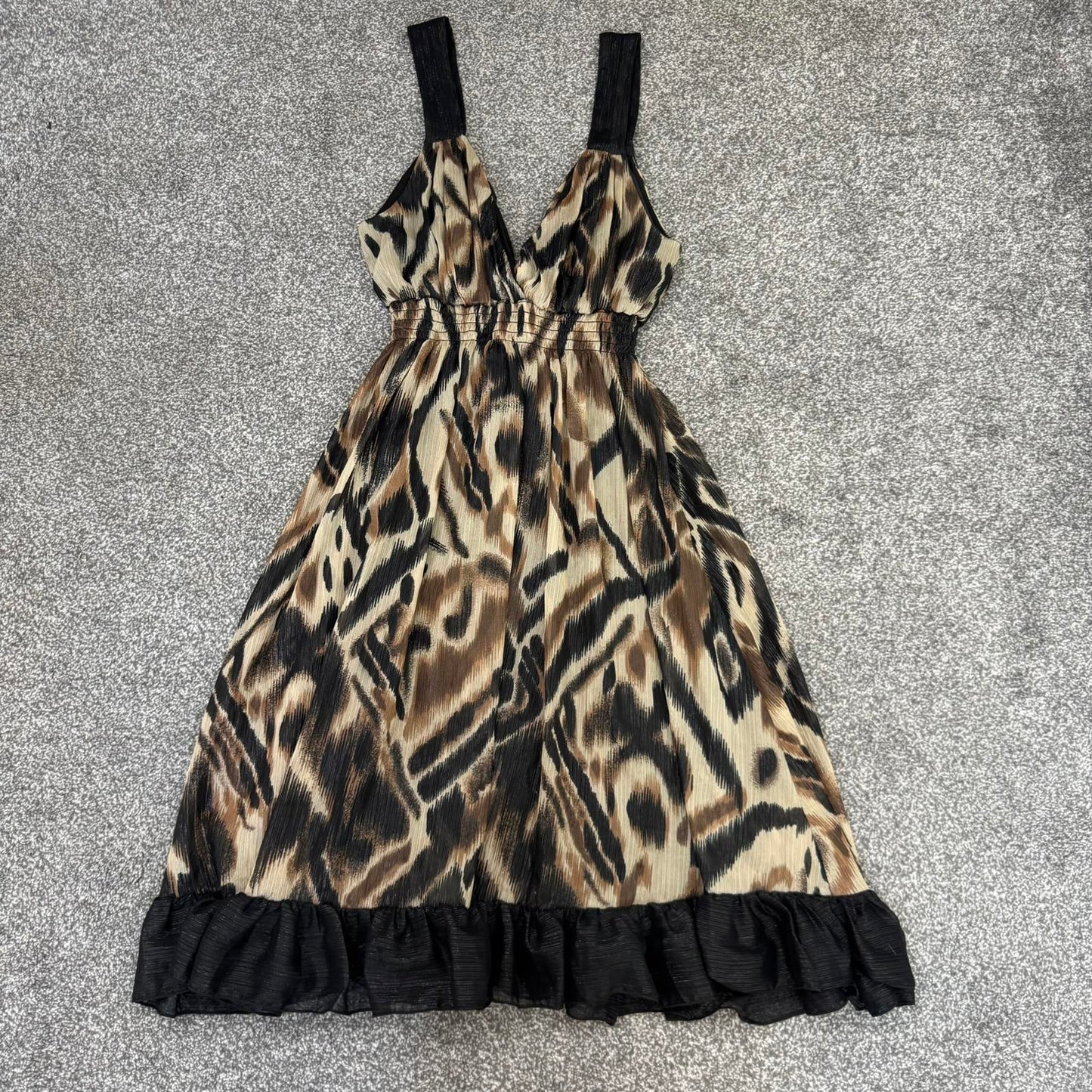 Y2K vintage sparkly midi dress abstract print glitter v neck frill hem a line