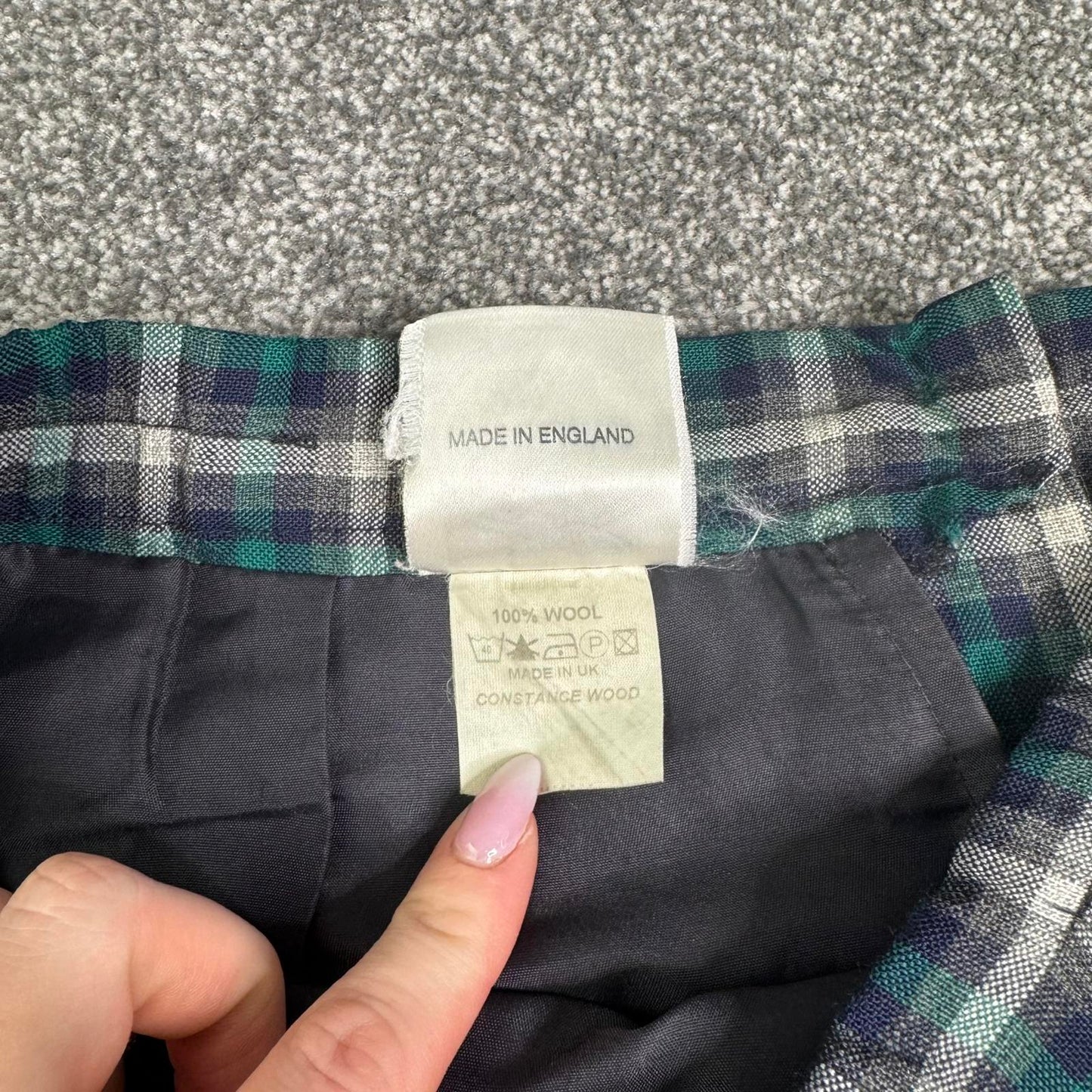 Y2K vintage 100% wool check tartan midi skirt a line lined blue green white