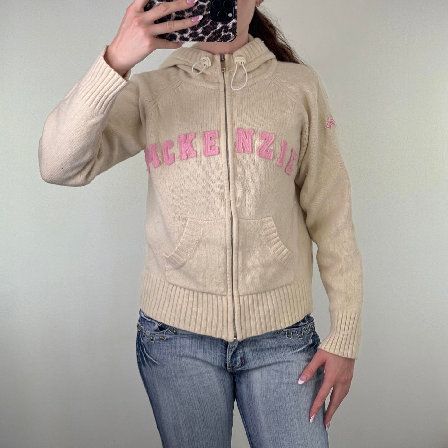 Y2K vintage McKenzie wool blend zip up hoodie pink toggles cream pink