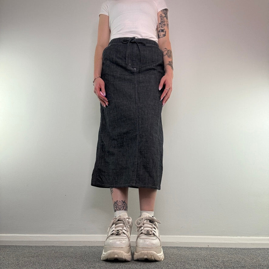 Y2K dark denim contrast stitch bow maxi skirt