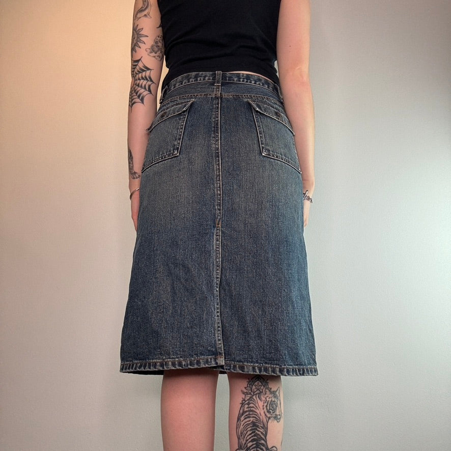 Y2K faded denim cargo midi skirt