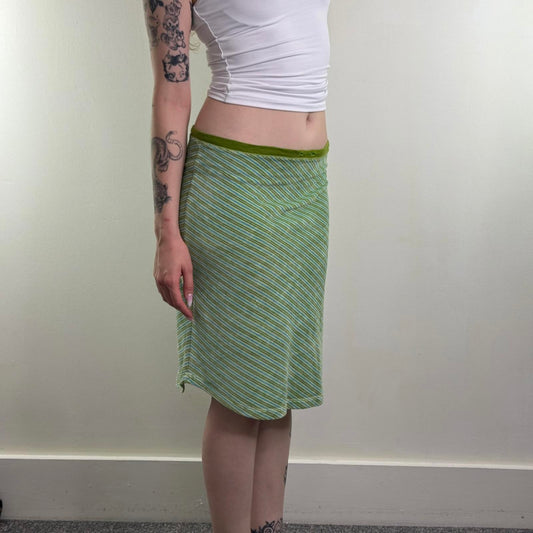 Y2K vintage velour stripe midi skirt curved hem low rise green blue knee length