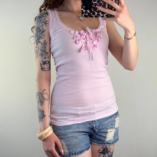 Y2K vintage ribbed tank top longline frilly bow broderie anglaise round neck