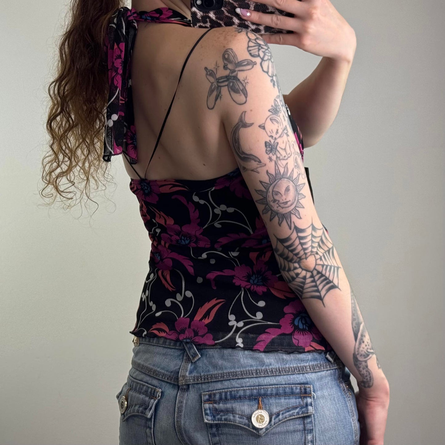 Y2K vintage Bay halter neck mesh floral top bow double layer lettuce hem