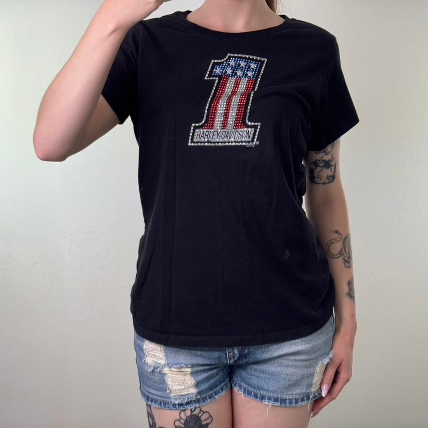 2011 Harley Davidson USA rhinestone t shirt graphic print number one 1 top