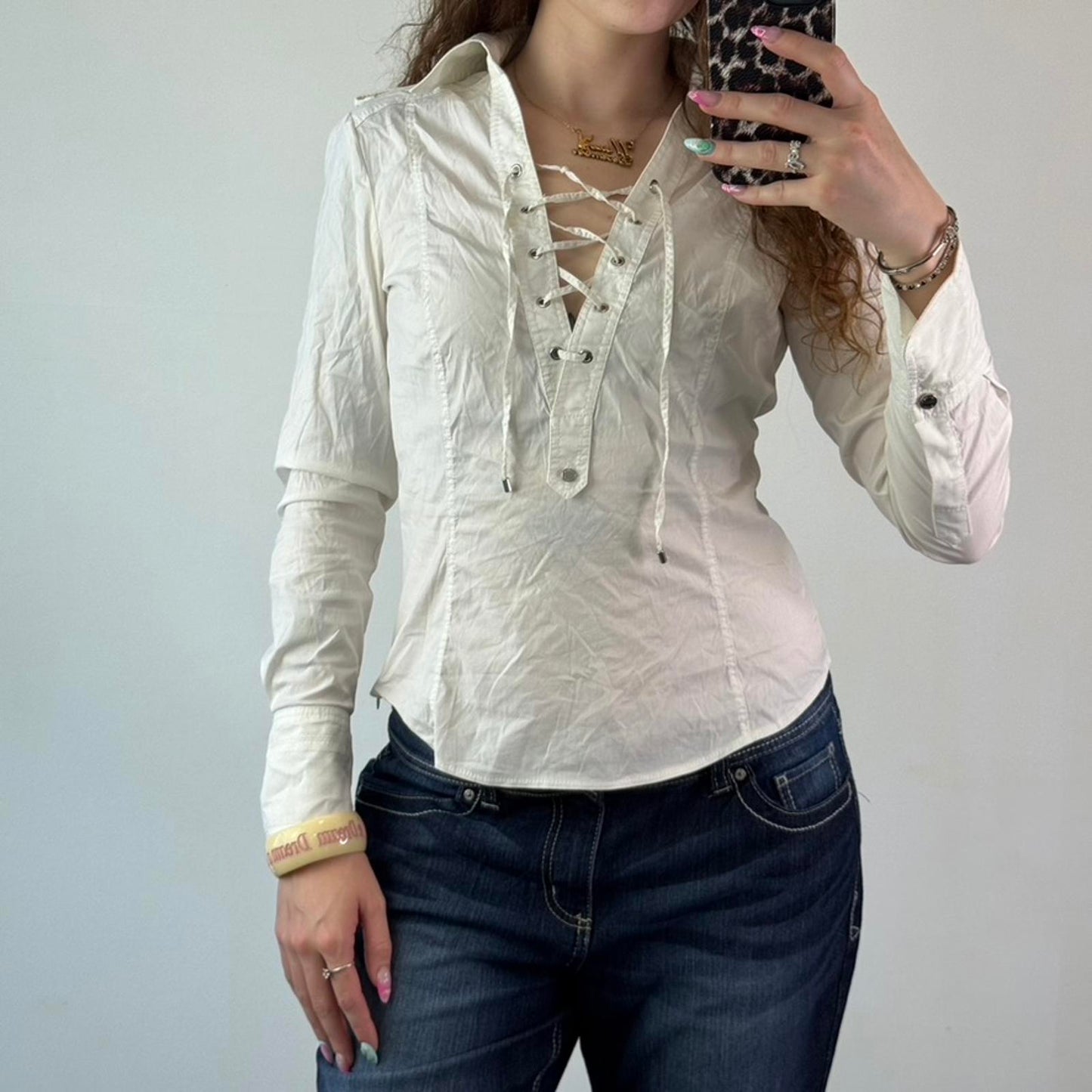 2011 Karen Millen fitted stretchy lace up bust shirt blouse long sleeve white