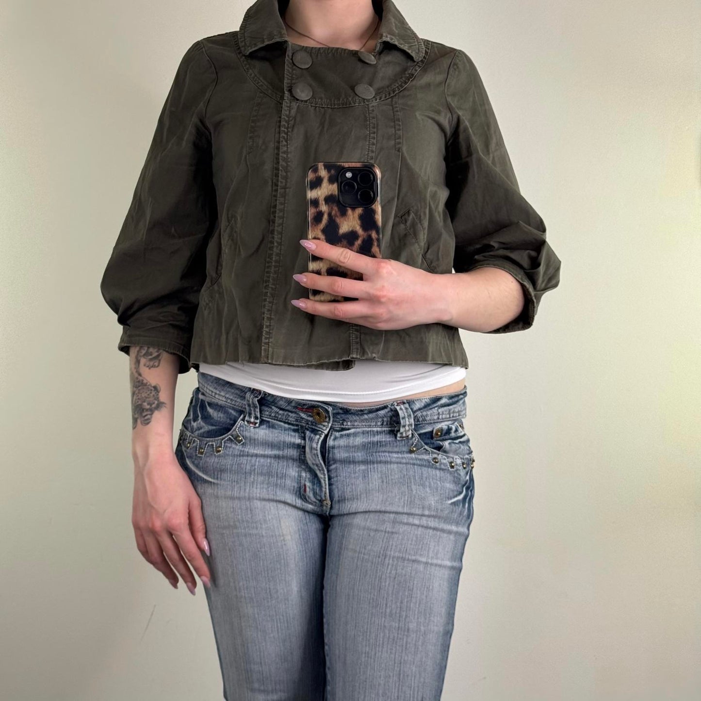 Y2K vintage military pea coat denim jacket ballon 3/4 sleeve pleated cropped