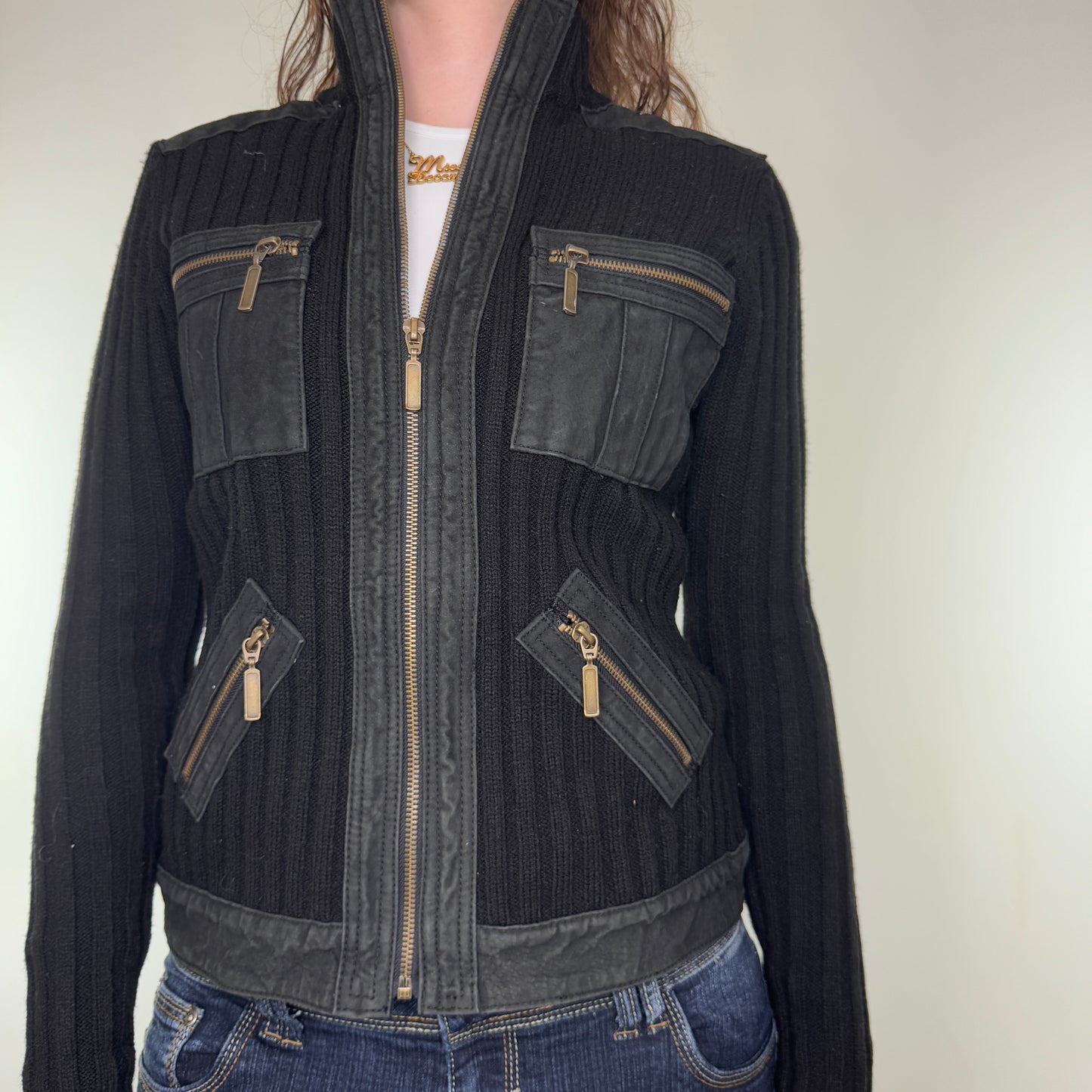 Y2K vintage ribbed knit suede zip up jumper