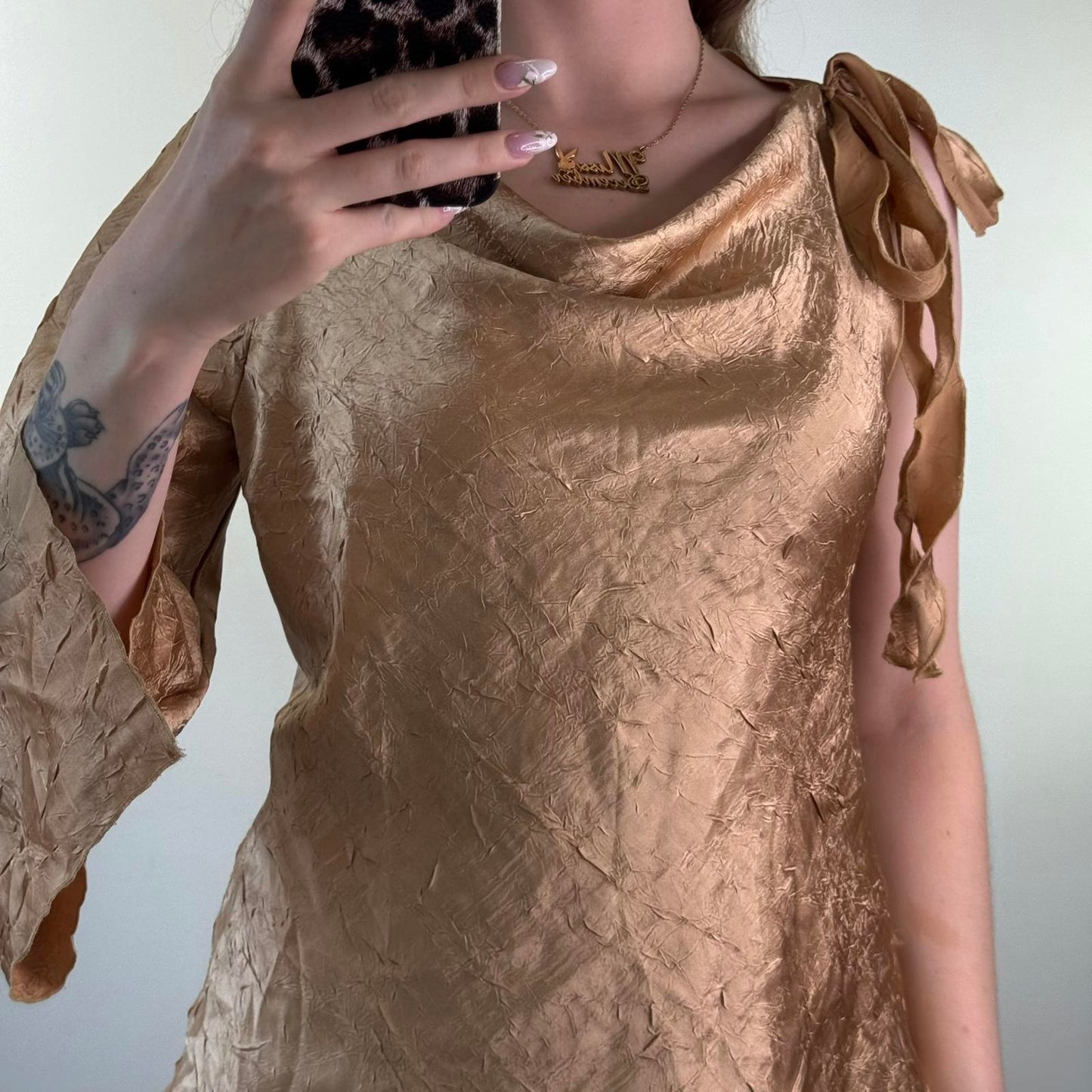 Y2K vintage gold one shoulder crinkle top 3/4 sleeve flare cowl neck bow party