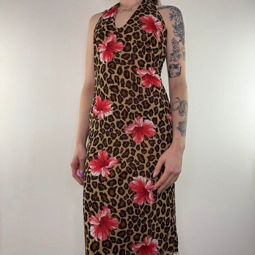 Y2K vintage leopard dress floral hibiscus print halter neck mesh midi dress