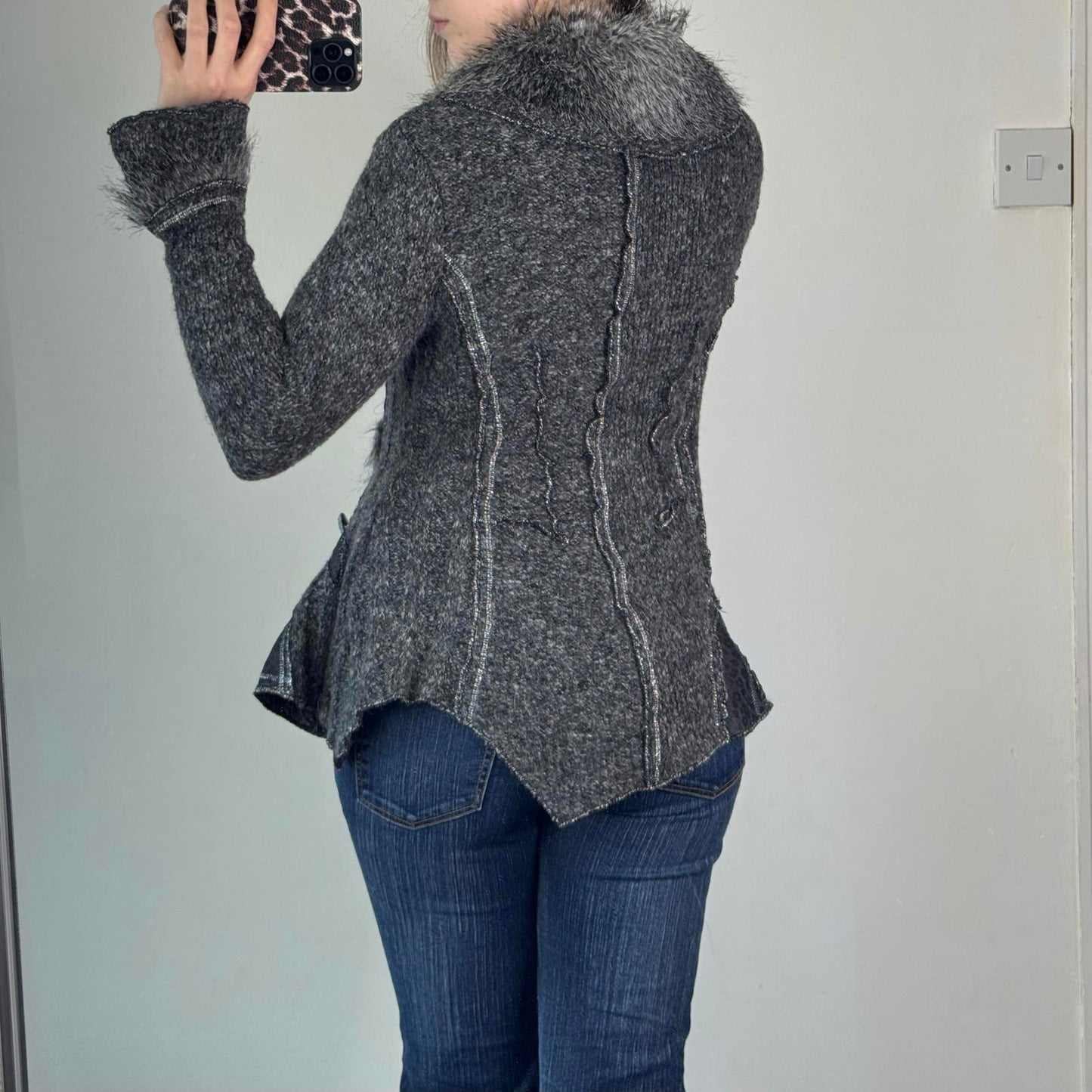 Y2K vintage archive knit patchwork zip up cardigan real fur leopard print button