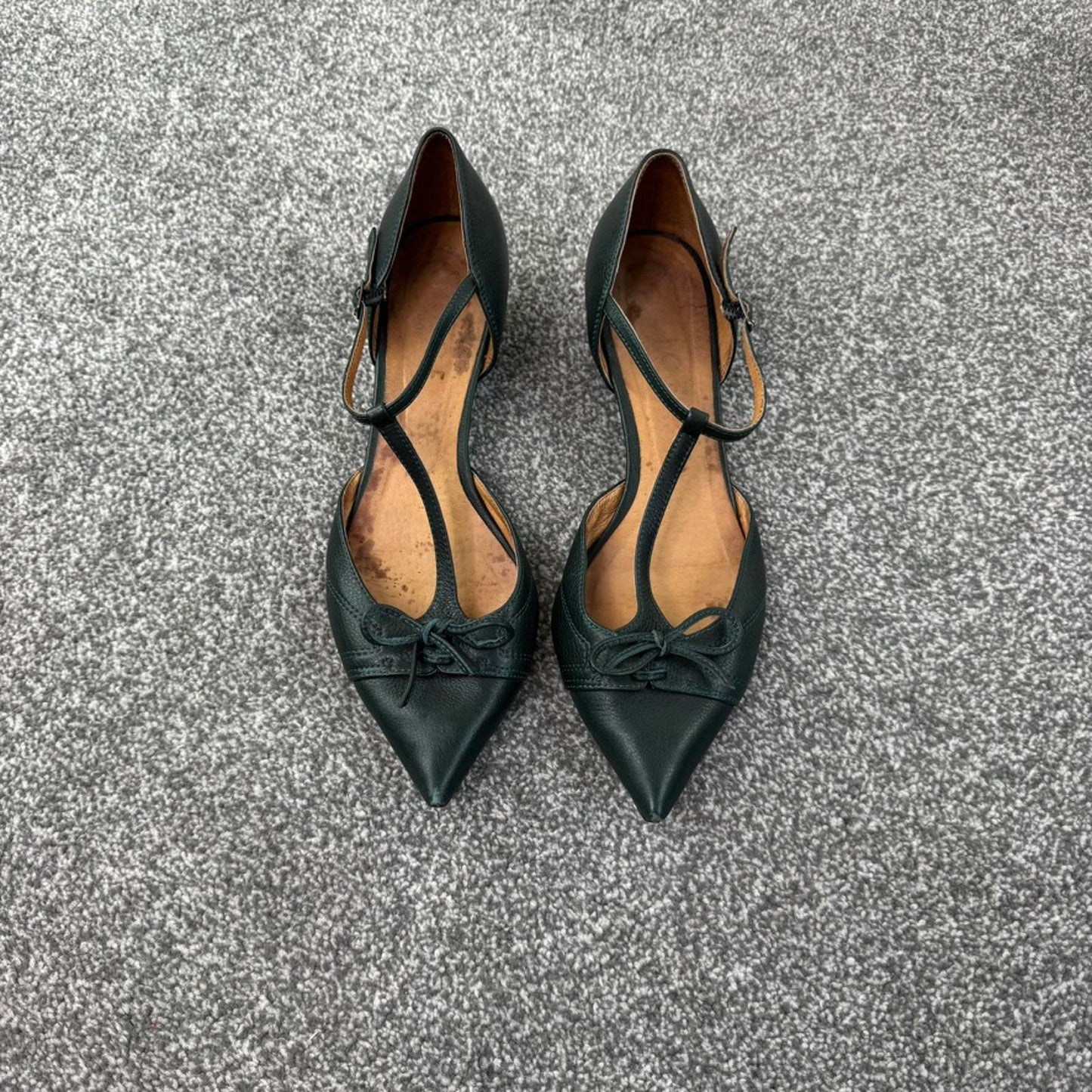 Y2K vintage genuine leather kitten heels pointed toe bow strappy dark green
