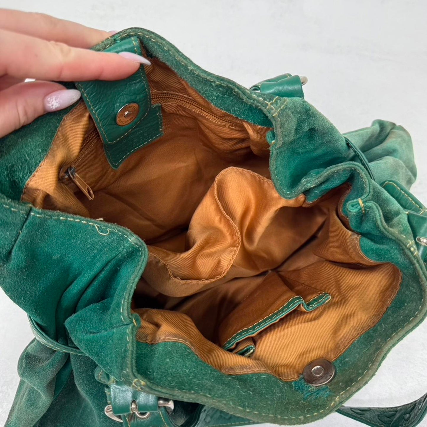 Y2K vintage genuine suede shoulder bag slouchy zipper green silver medium