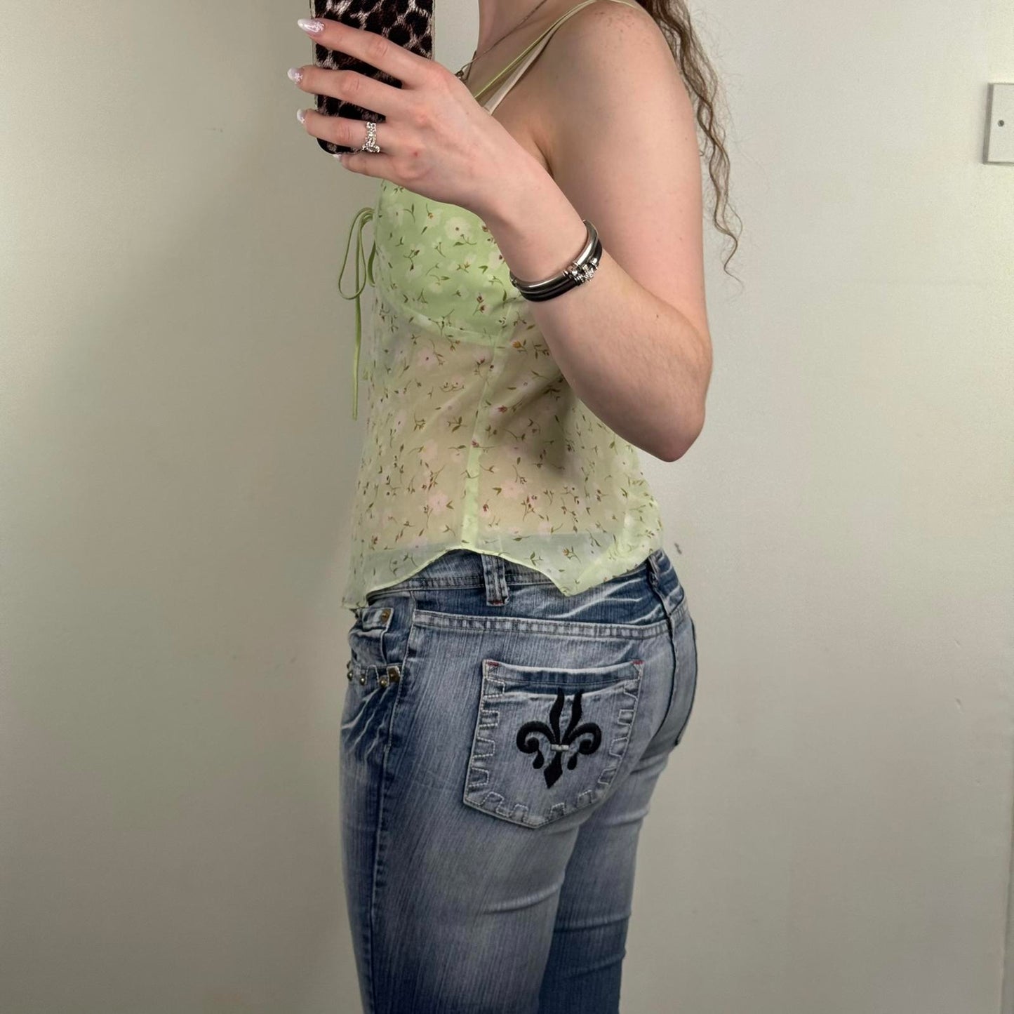 Y2K vintage ditsy floral cami top sheer bow flowy floaty flowers strappy green