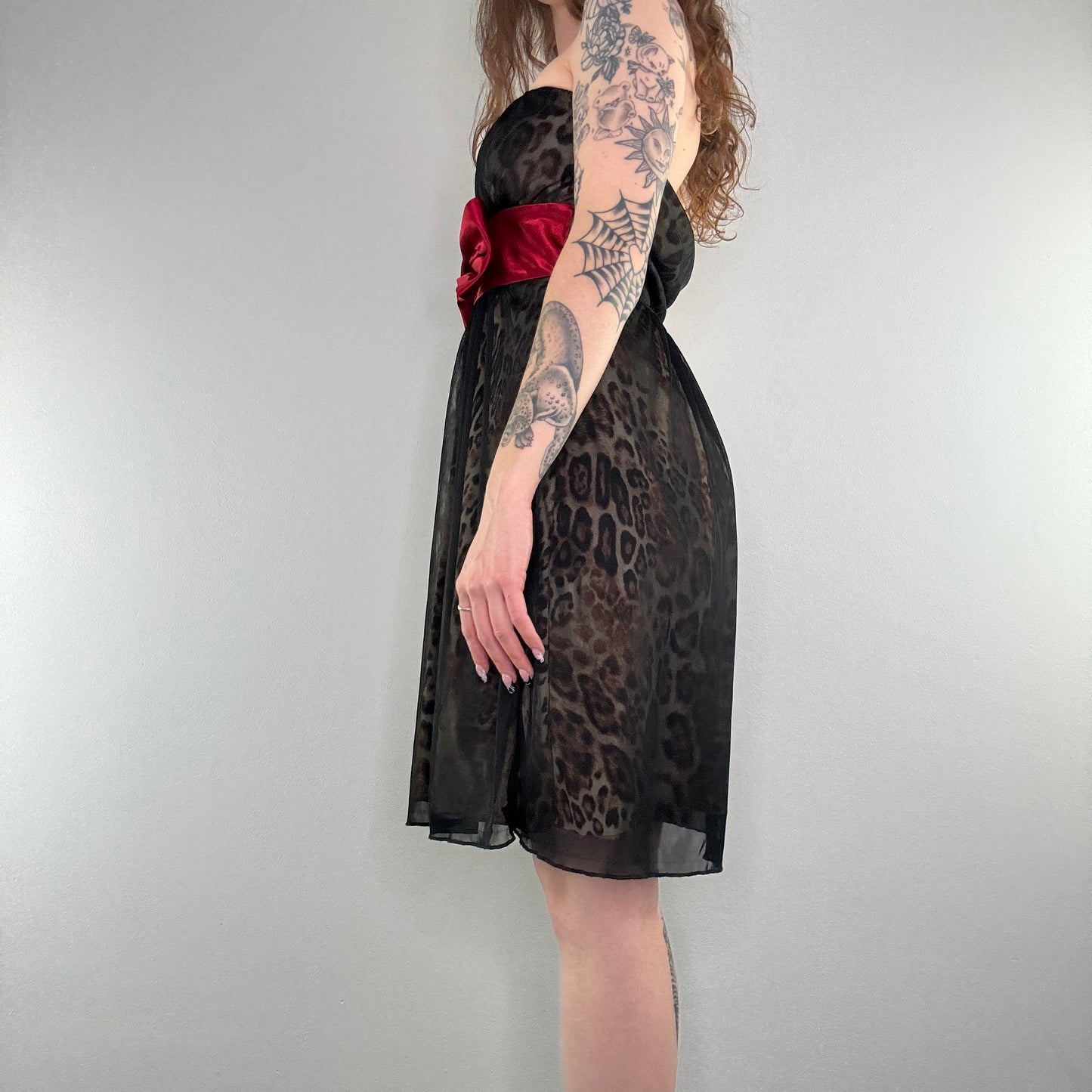 Y2K leopard print red bow midi dress