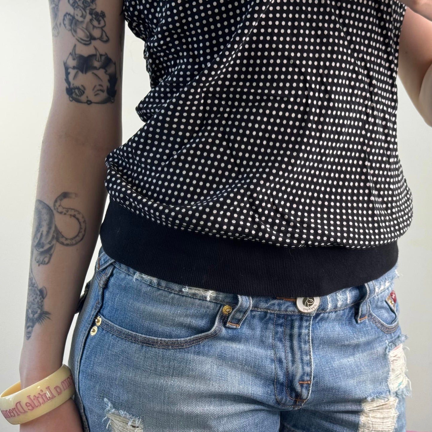 Y2K vintage 100% silk polka dot elastic waistband cami top lace trim black white